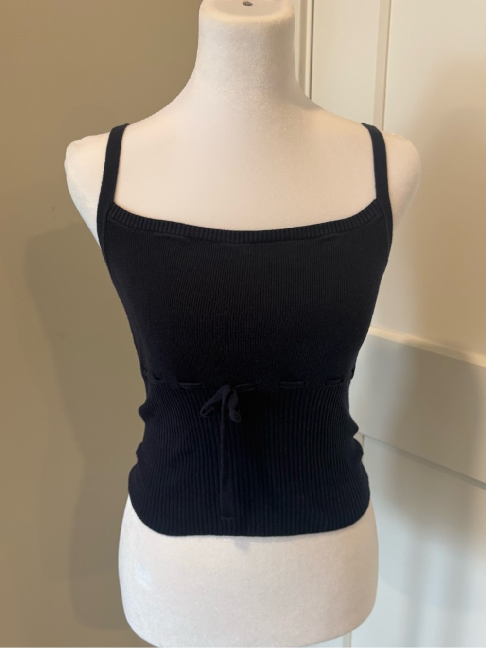 Black Ribbed Knit Tank Top with Tie Waist